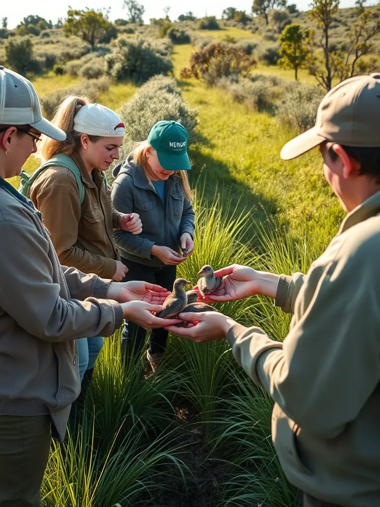 An image of volunteers actively involved in a repopulation program, releasing young game birds into a carefully selected habitat, illustrating the organization's commitment to increasing wildlife numbers.