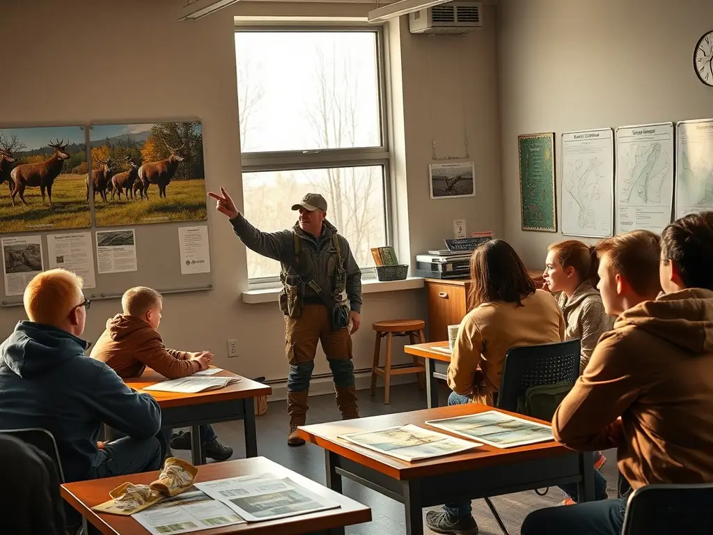 A SOCIETE COMMUNALE DES CHASSEURS DE DARAZAC member leading an educational workshop on sustainable hunting practices, demonstrating their role in promoting responsible hunting and ecological awareness.