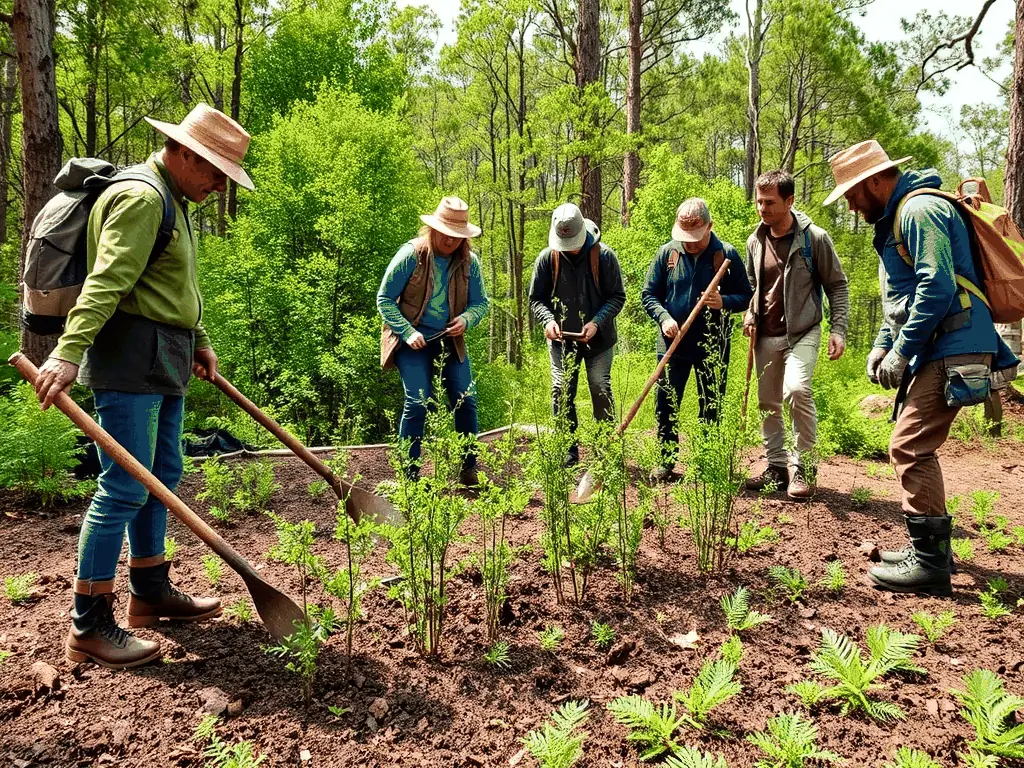 A group of SOCIETE COMMUNALE DES CHASSEURS DE DARAZAC members planting trees in a deforested area, symbolizing their commitment to habitat restoration and wildlife conservation.